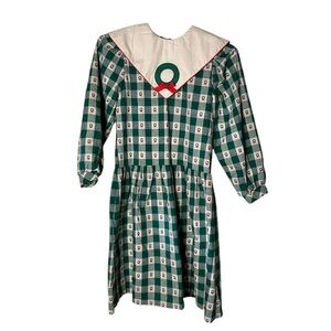 Vtg Hearts Design Dress Girls 12 Green Ivory Check Christmas Holiday USA Modest